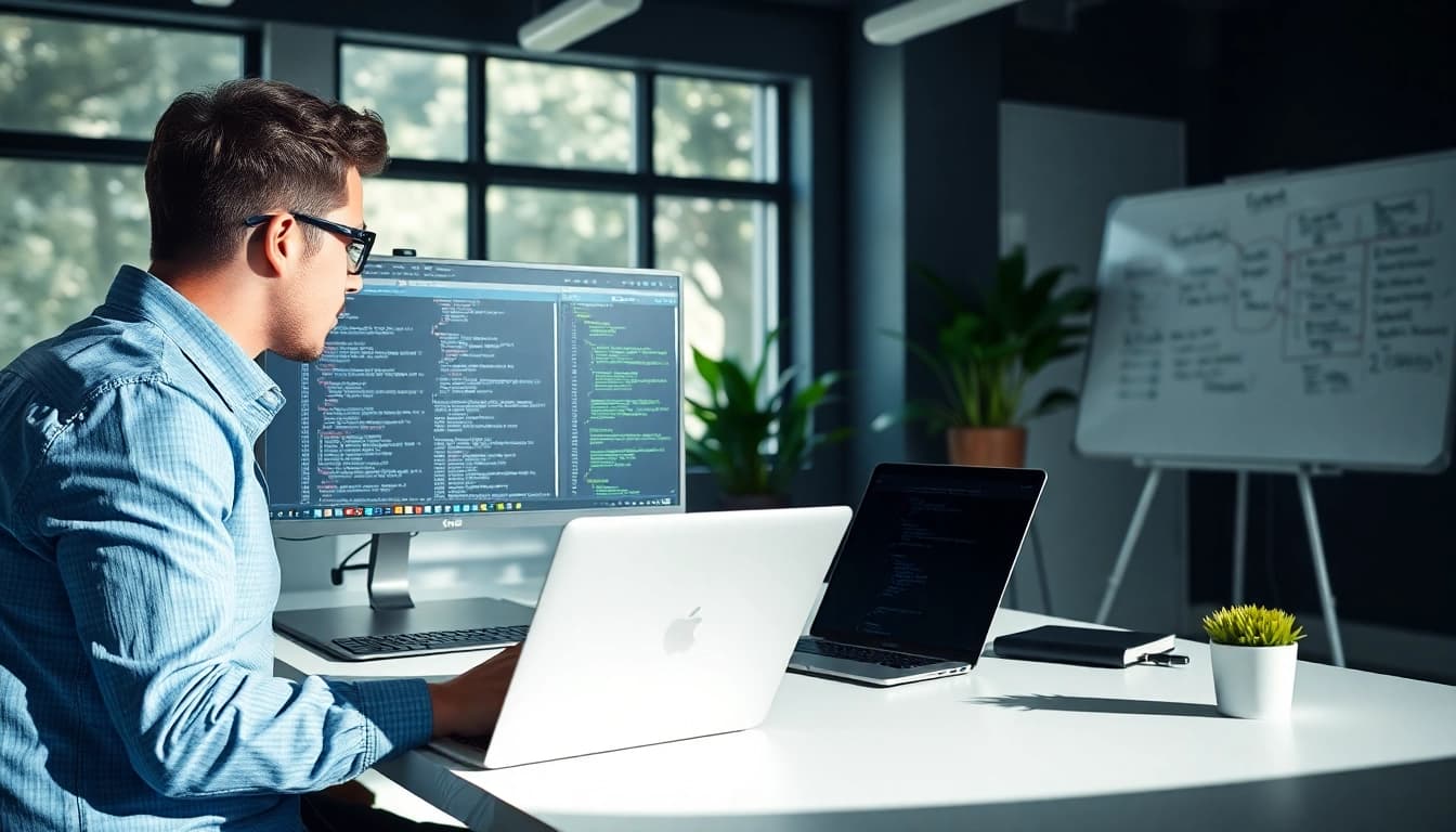 Webentwickler Hannover arbeitet in einem modernen Büro mit Computern und kreativen Notizen.