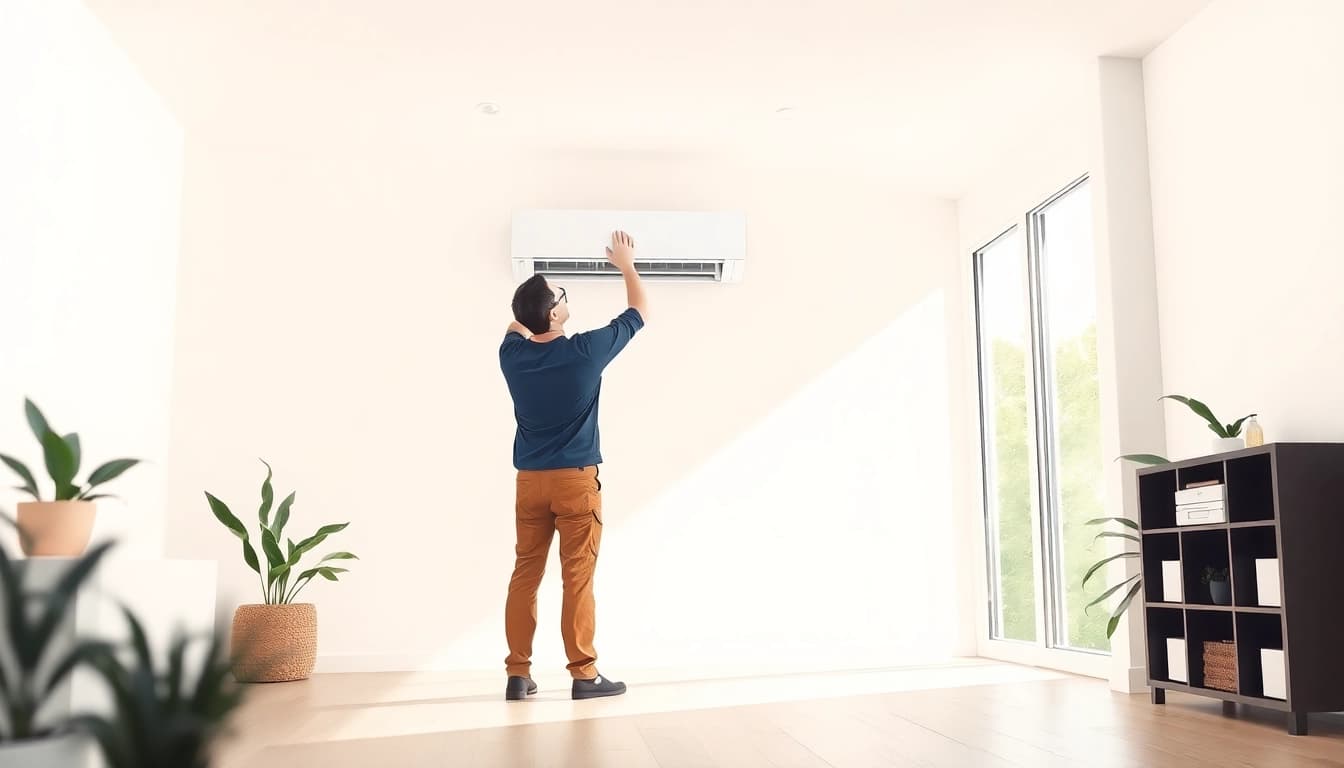 Fachmann beim Klima installieren einer modernen Klimaanlage in einem hellen Raum