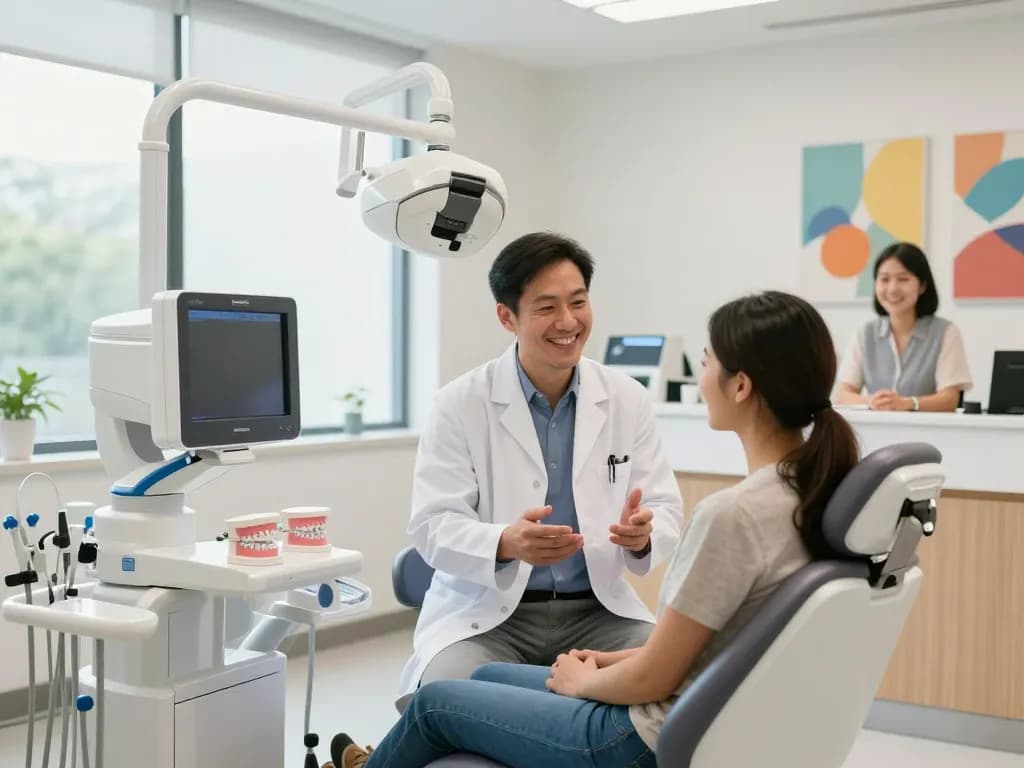 Invisalign Wien Beratung in einer modernen Zahnarztpraxis, die einen professionellen Kieferorthopäden mit einem Patienten zeigt.