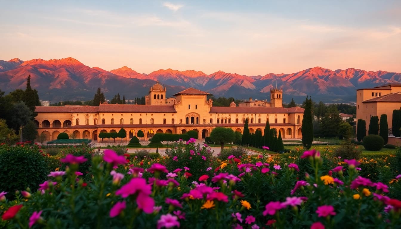 Granada, die Alhambra begeistert mit ihrer prachtvollen Architektur im Abendlicht.