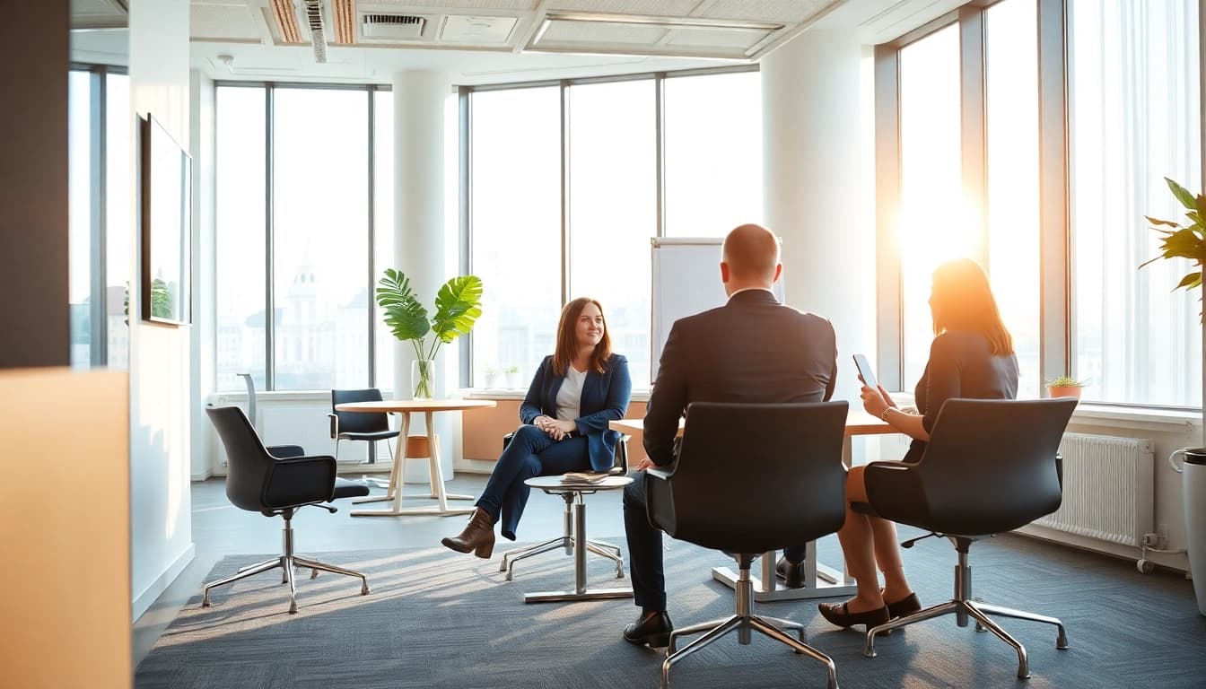 Consultant in a meeting discussing Unternehmensberatung München with clients in a bright office.