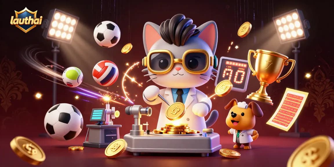Engage with lauthai through a vibrant cartoon scene of betting and sports excitement with a mad scientist and dog.