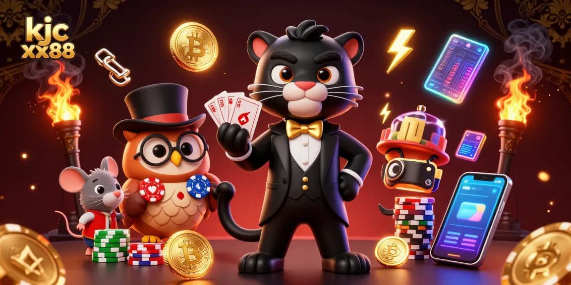 Engage in thrilling gaming adventures with kjc xx88 as a black panther deals cards elegantly amid vibrant casino elements.