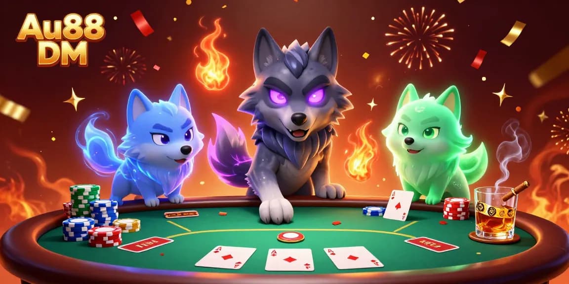 Experience the thrill of Au88 DM as spectral wolves play poker amidst vibrant casino elements.