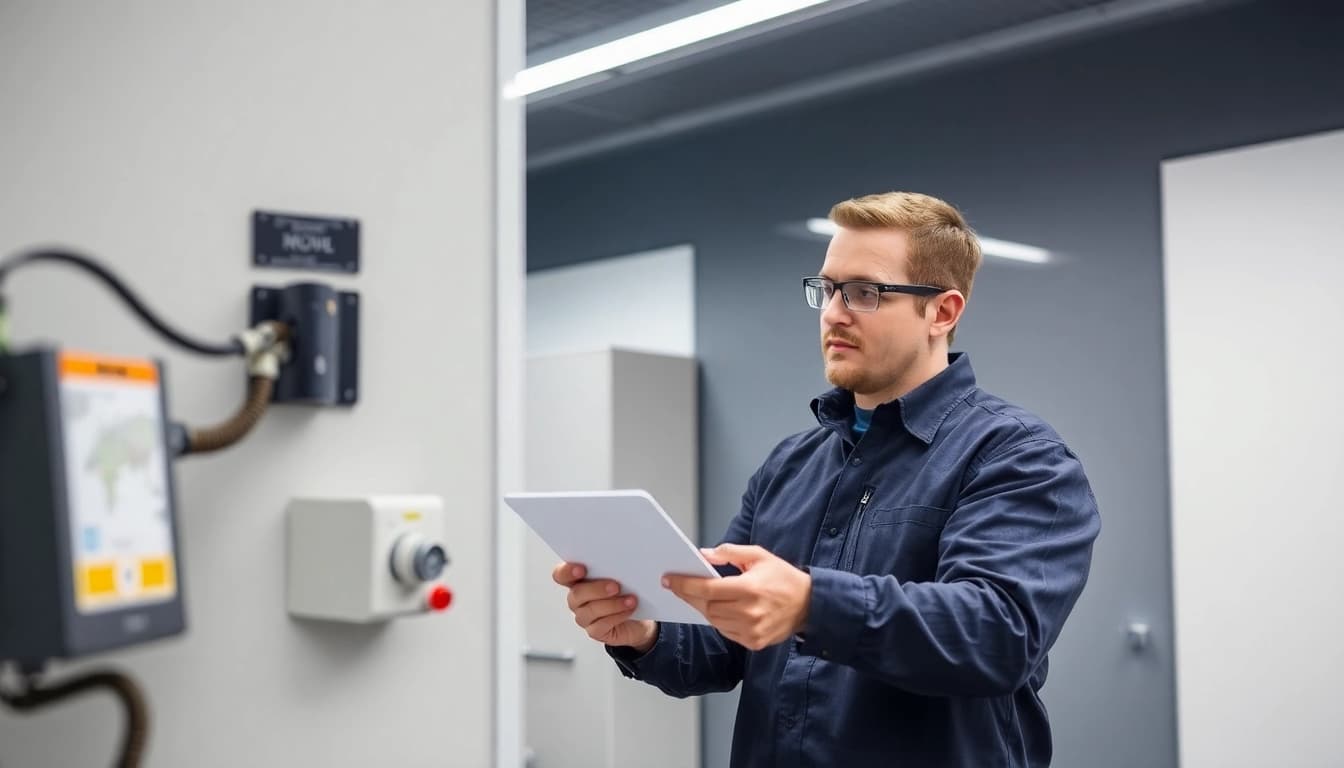 Techniker führt eine DGUV V3 Prüfung durch, um die Sicherheit elektrischer Geräte zu gewährleisten.