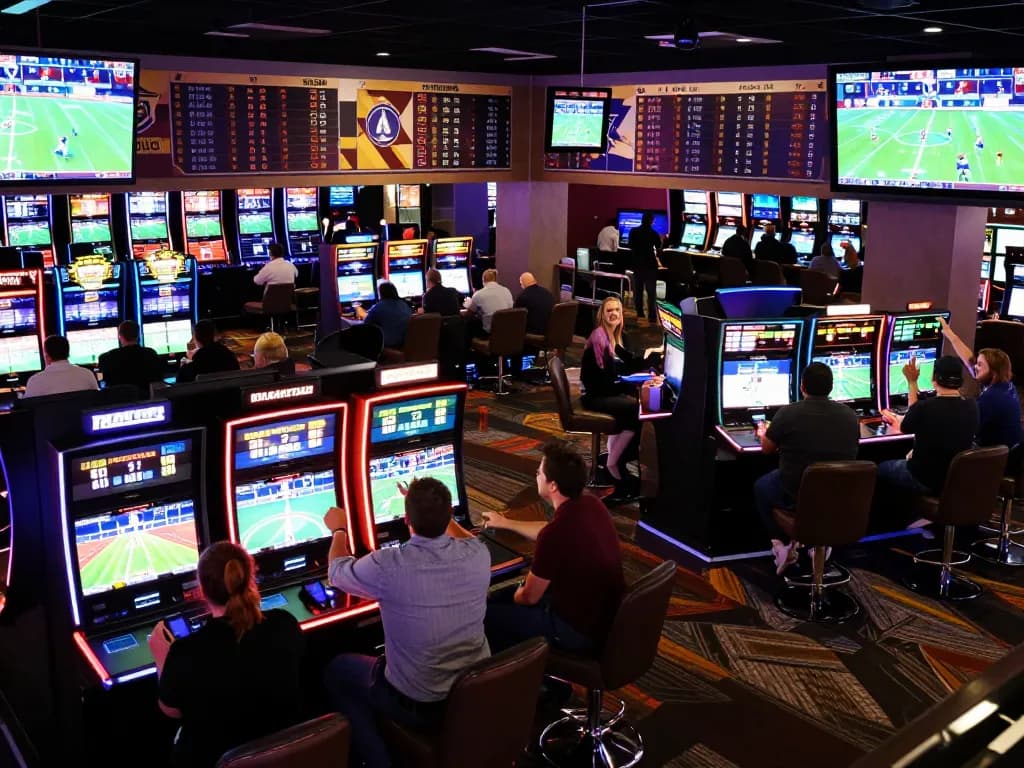 Nohu sportsbook full of gamblers placing bets on exciting sports events while celebrating wins.