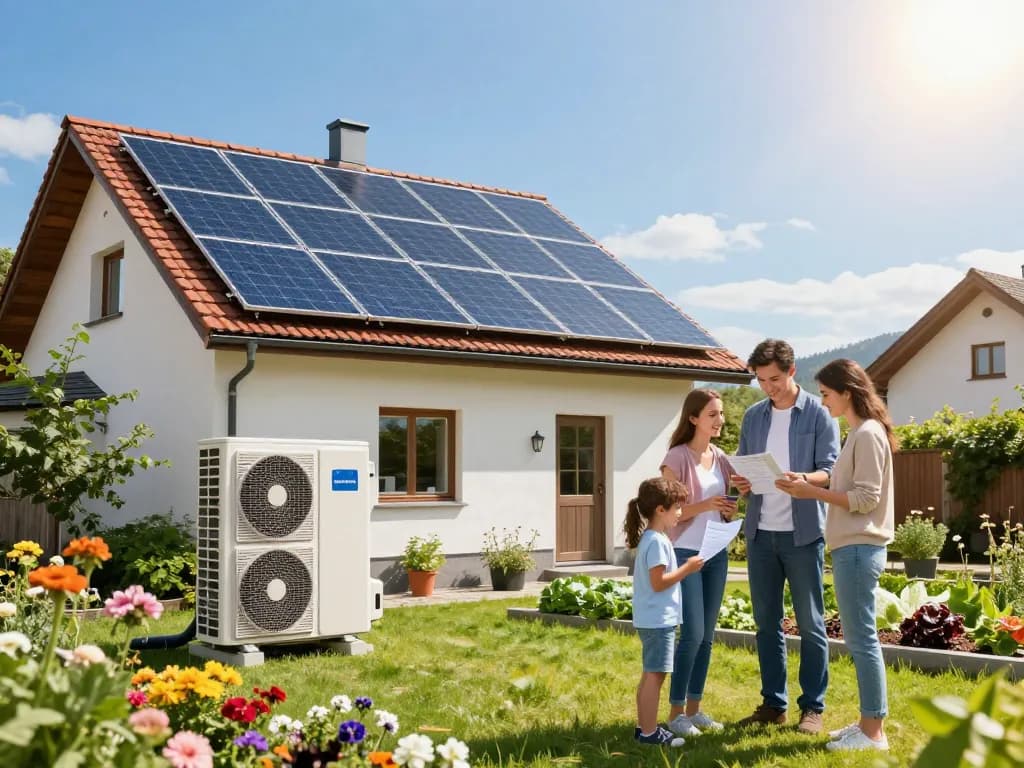 Photovoltaik Bayern mit Solarpanels und Wärmepumpe in einem sonnigen bayerischen Garten.