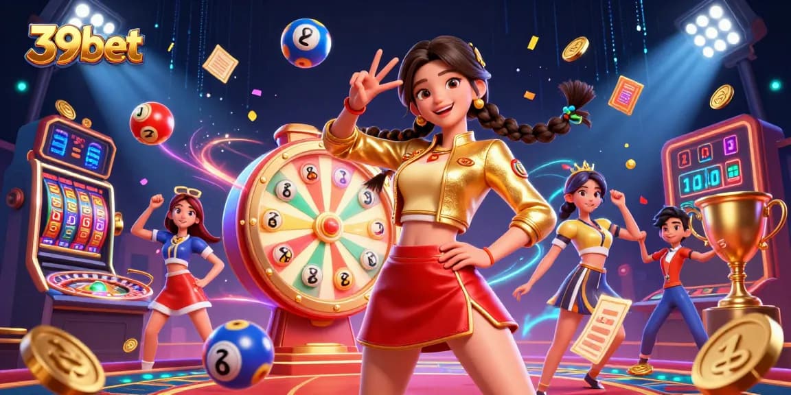 Engage with 39bet's vibrant casino experience featuring a joyful woman, lottery balls, and dynamic gaming elements.