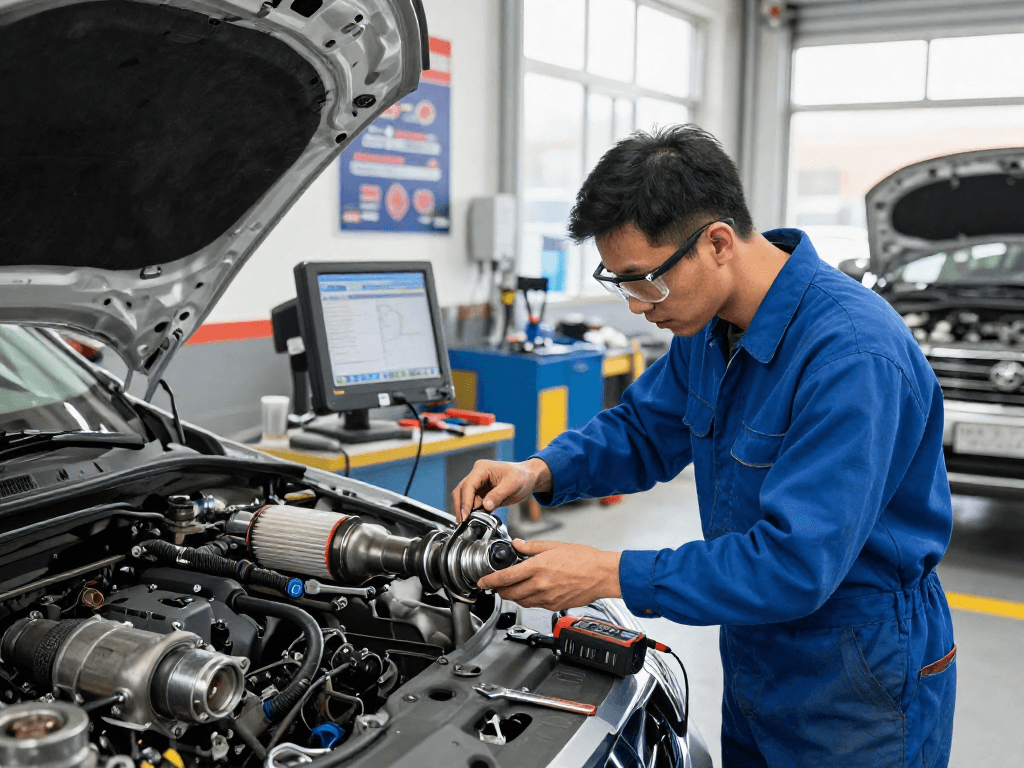 Die DPF Reinigung in Laatzen: Ein Mechaniker inspiziert einen Dieselpartikelfilter in einer gut beleuchteten Werkstatt.