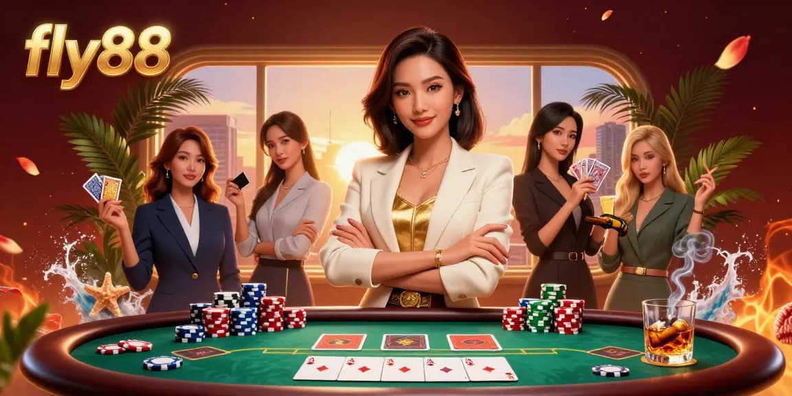 Experience the excitement at fly88 with a glamorous Asian dealer holding golden cards on a vibrant poker scene.