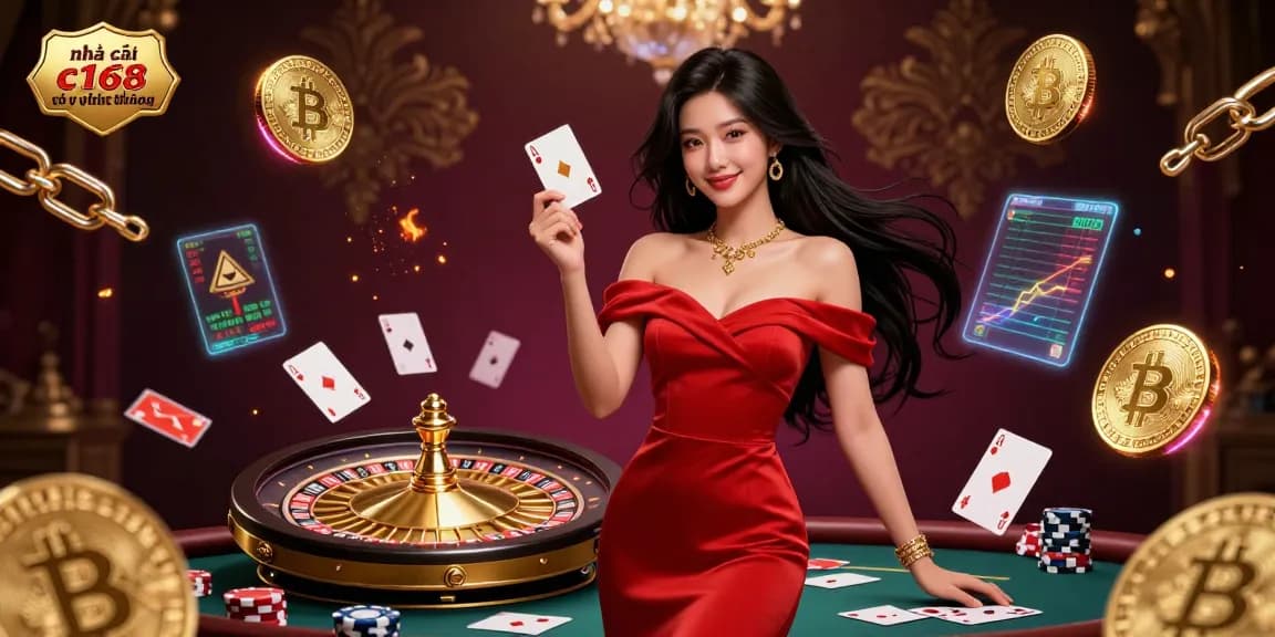 Engaging illustration showing a confident Asian woman amidst Bitcoin and Ethereum coins, highlighting nhà cái c168 có uy tín không.