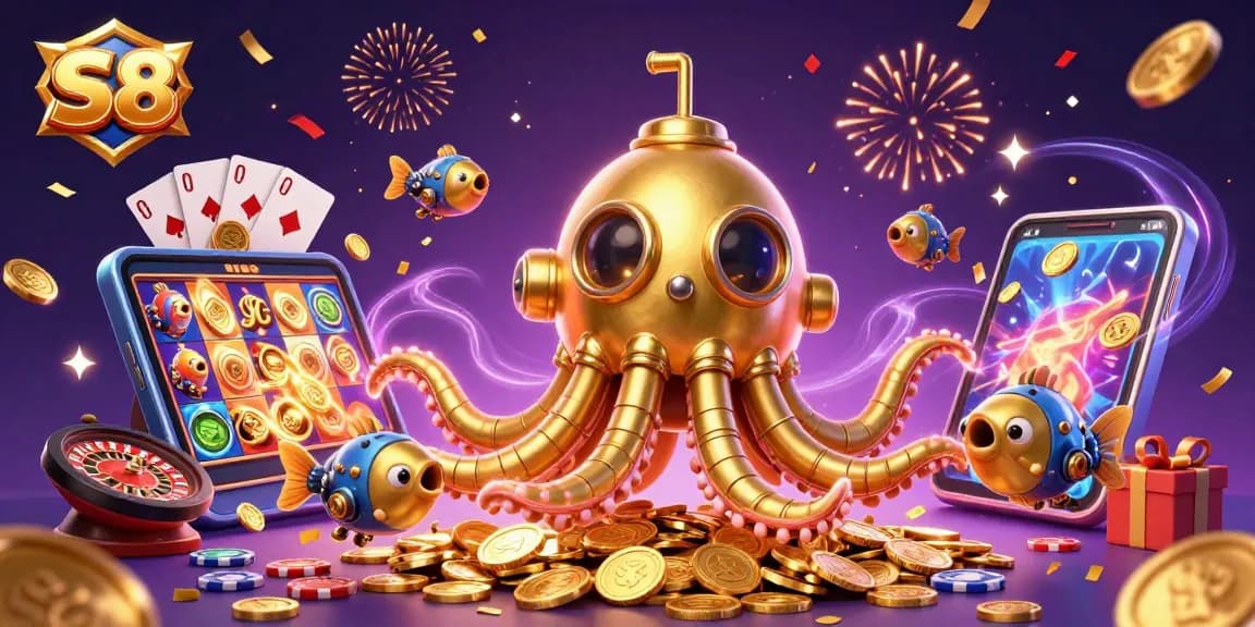 Experience thrilling S8 casino adventures with a captivating golden kraken in a sea of coins.