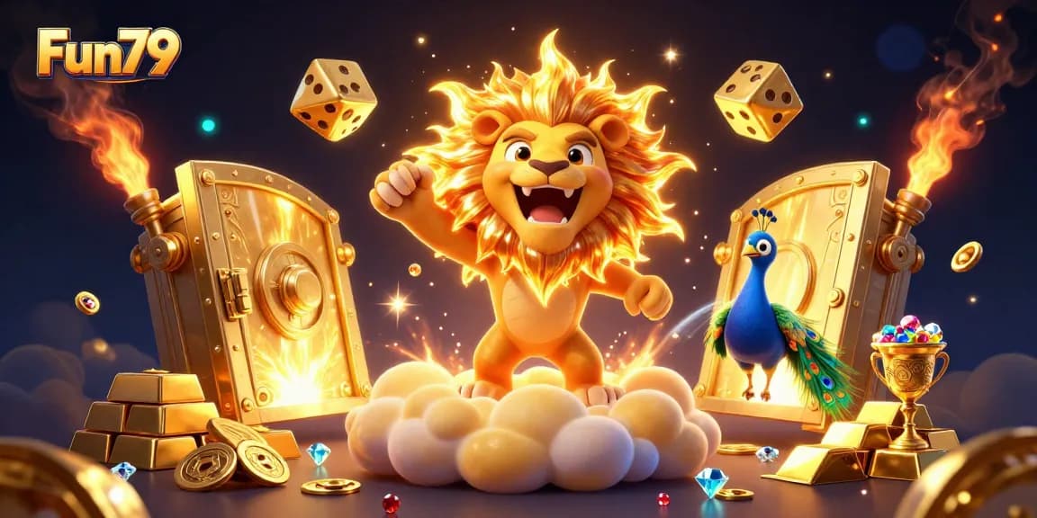 Experience thrilling wins at Fun79 with a vibrant 3D casino scene full of dynamic characters and gold treasures.