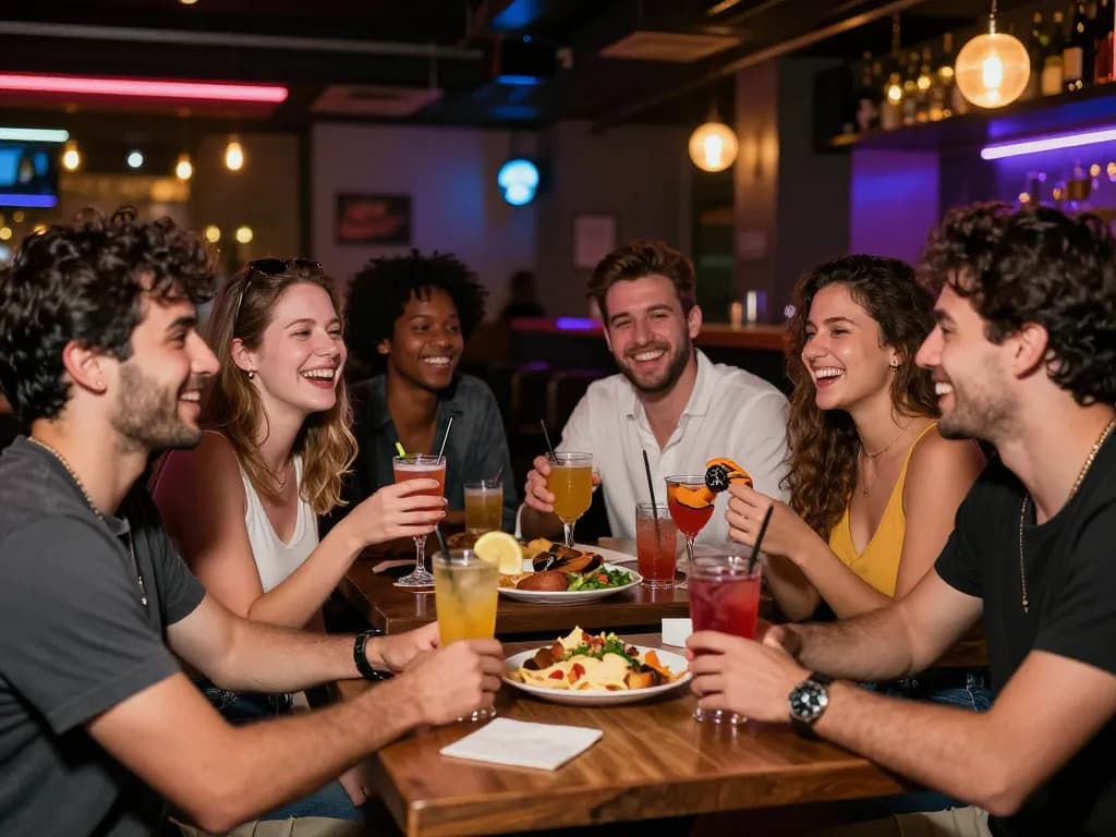Group of friends enjoying vibrant nightlife at five88 bar, showcasing diversity and lively atmosphere.