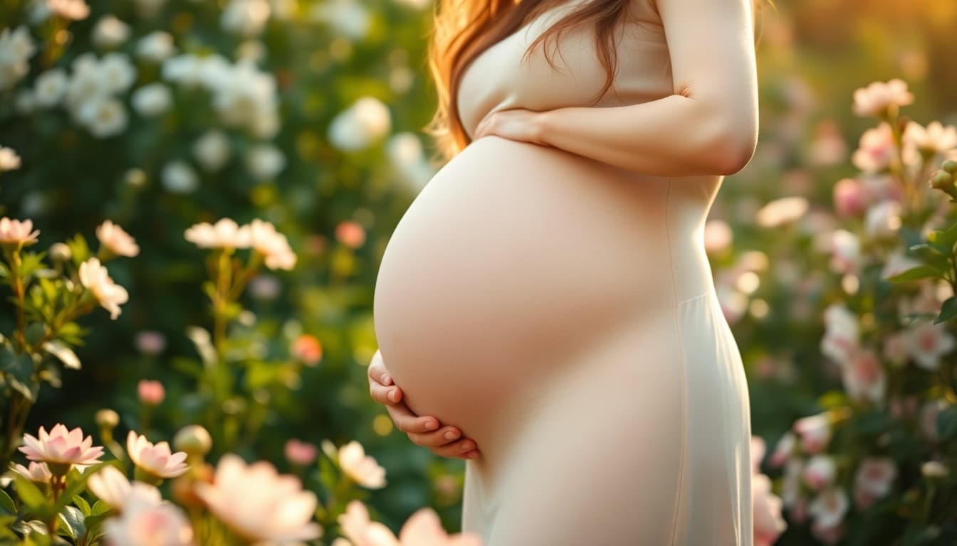 Erleben Sie ein zauberhaftes Babybauch Shooting München mit einer schwangeren Frau in einem blühenden Garten.