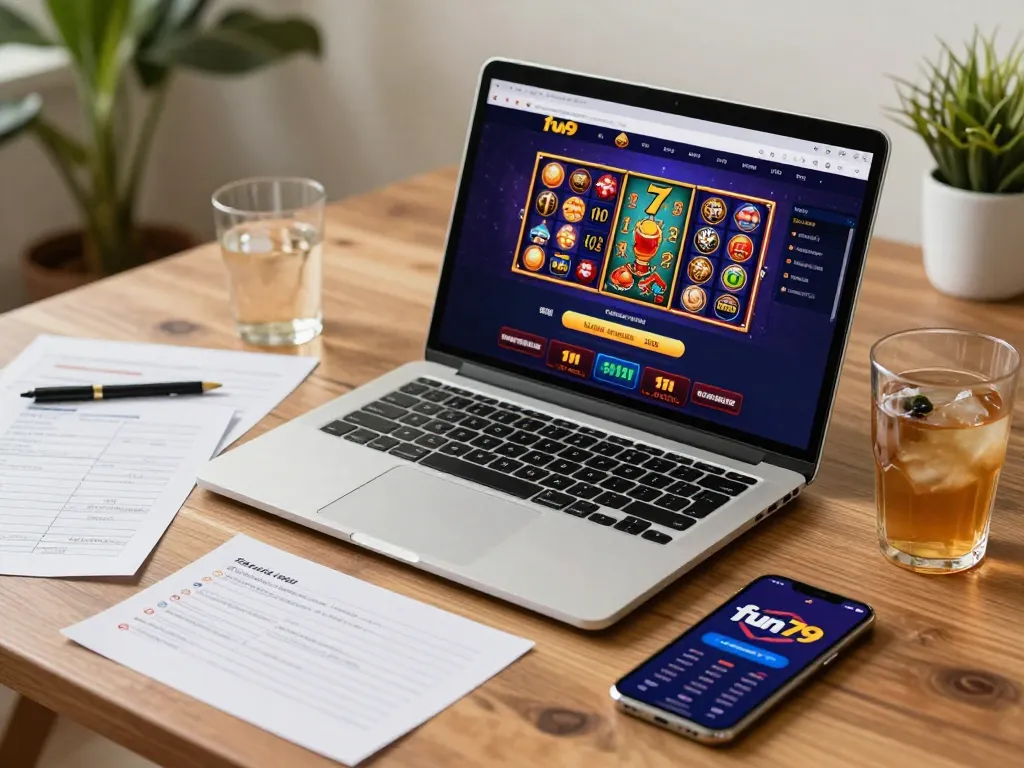 Engaging fun79 gameplay experience with colorful online casino games displayed on a laptop, showing a strategic approach to gaming.