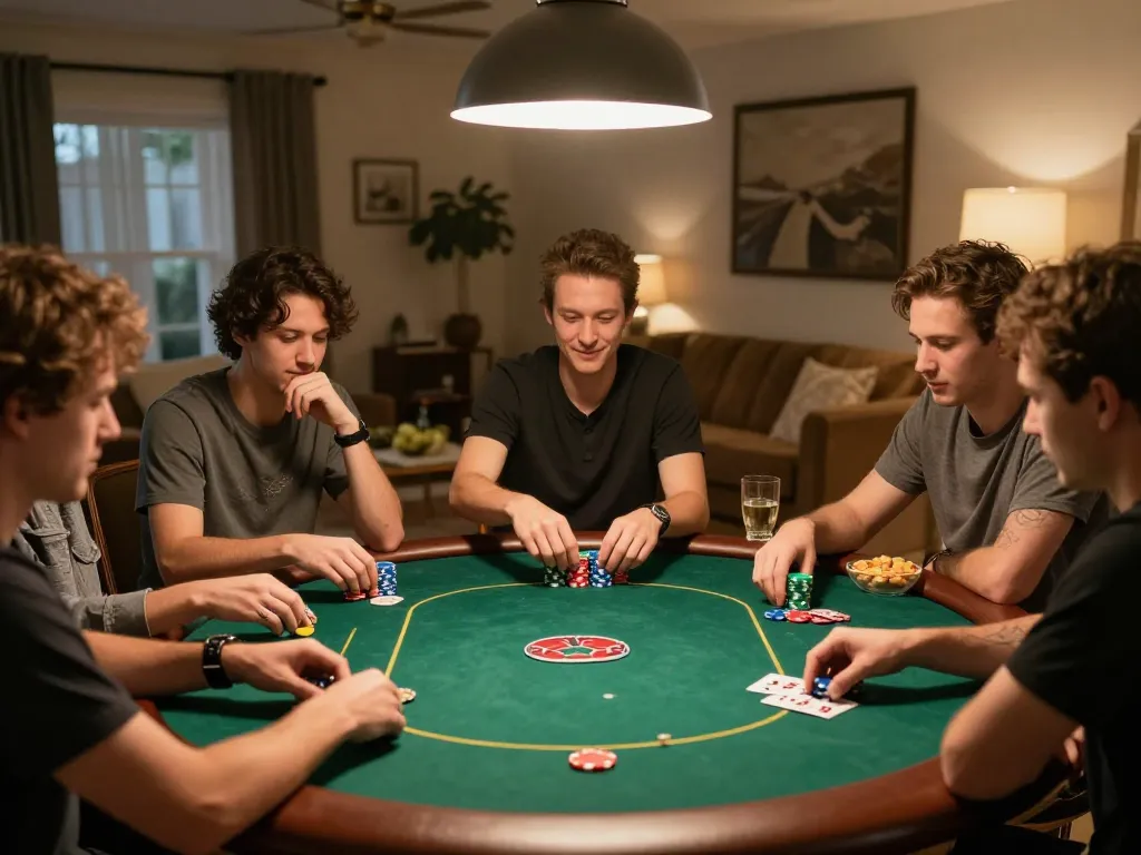 Players enjoying a competitive poker night at home, showcasing 13WIN strategic gaming moments.