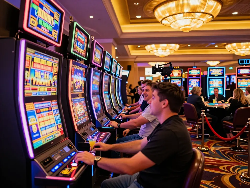 Engaging players spinning slots at 789winn's vibrant casino floor, thrilling atmosphere captured in action.