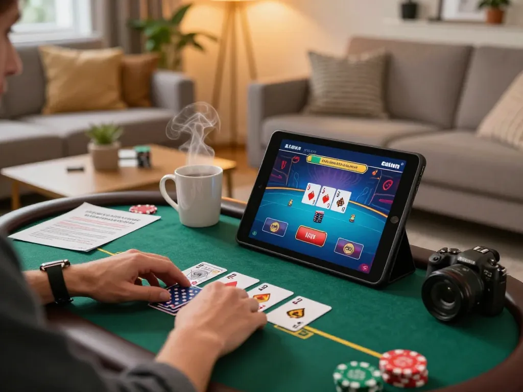 Casino 33win player enjoying a live dealer game on a tablet in a cozy home setting