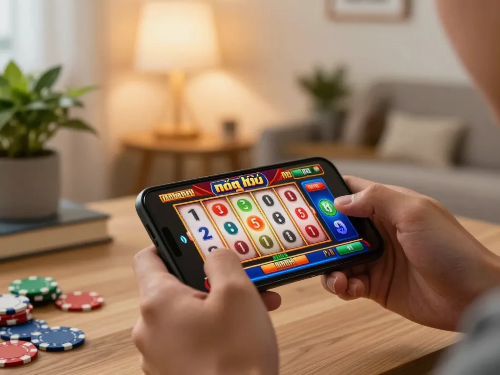 Engaging in nổ hũ mm88 on a smartphone, showcasing the thrill of online slot gameplay.