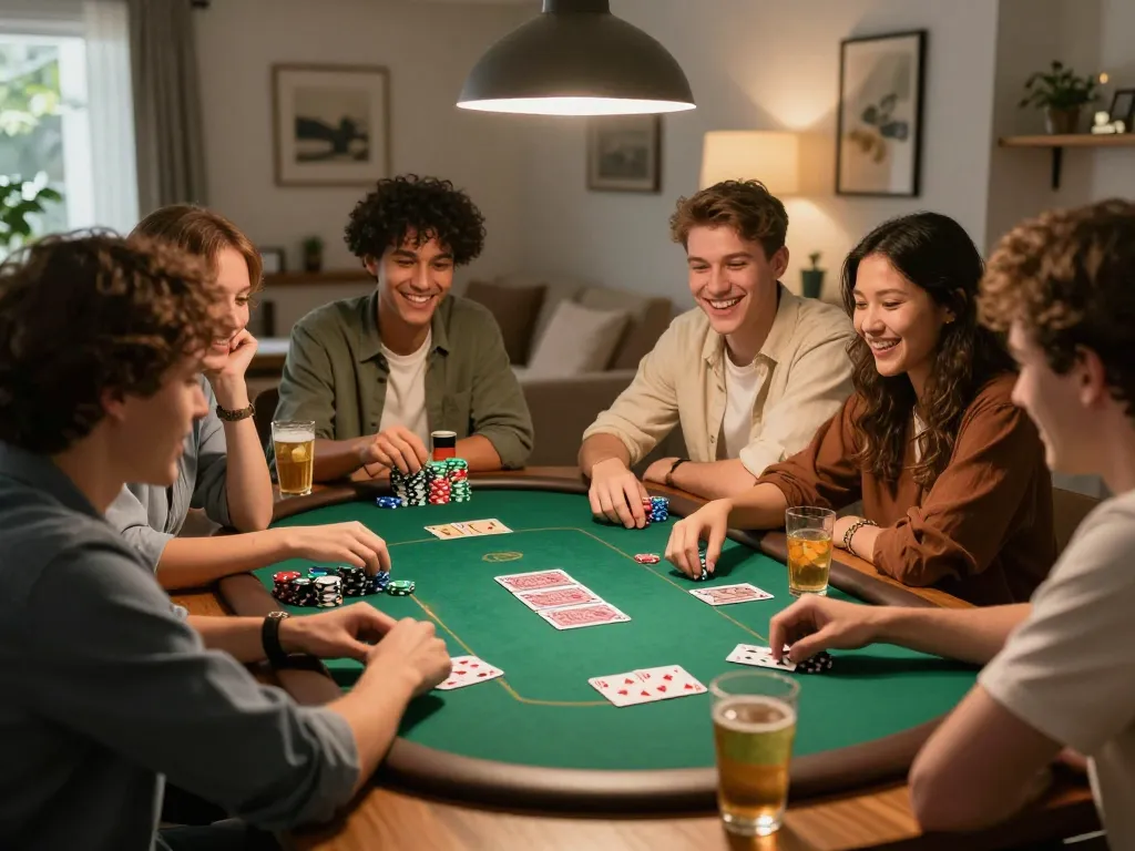 Friends engaged in a friendly poker game at home, showcasing bk33 spirit of camaraderie and strategy