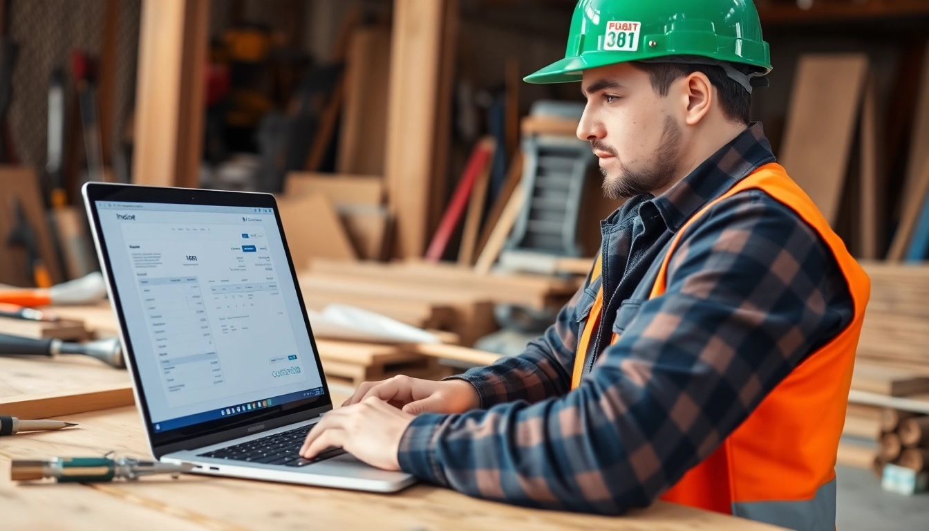 Rechnungssoftware für Handwerker bei einem Bauarbeiter, der an einem Laptop arbeitet.