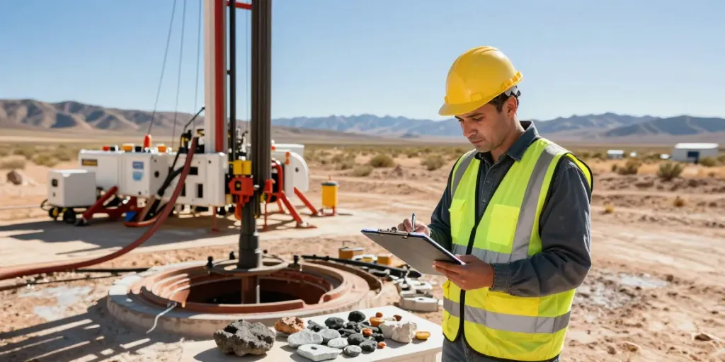 Geothermie: Geologe untersucht Geothermiebohrung in Landschaft