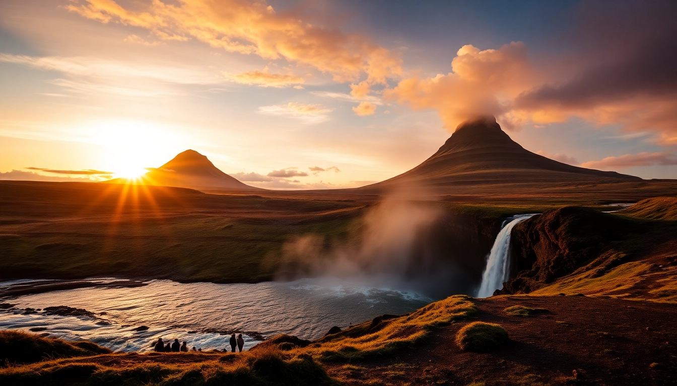 Begeistert von der Naturwunderlandschaft bei einer Reise nach Island mit Wasserfällen und Geysiren im Hintergrund.