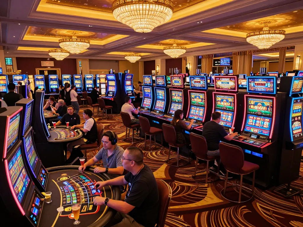 Players engaging with games on the casino floor at https://kkwinzz.com/, vibrant atmosphere showcasing excitement and entertainment.