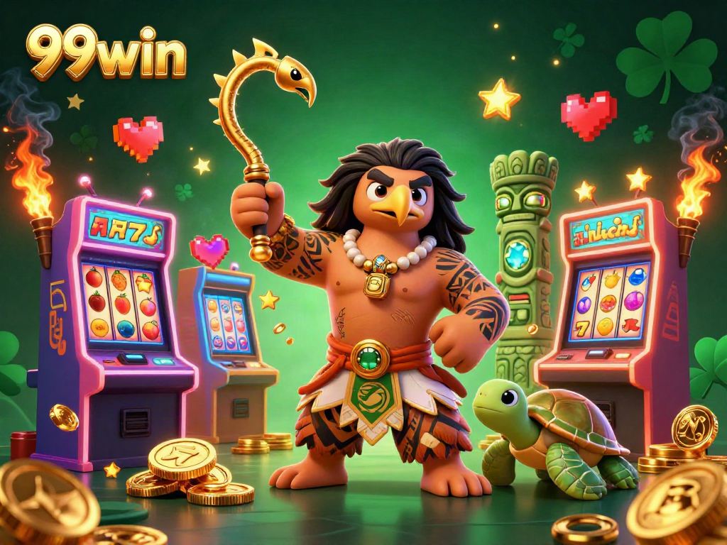 Experience thrilling wins with 99win's vibrant slot machines and lively characters in a dynamic casino scene.