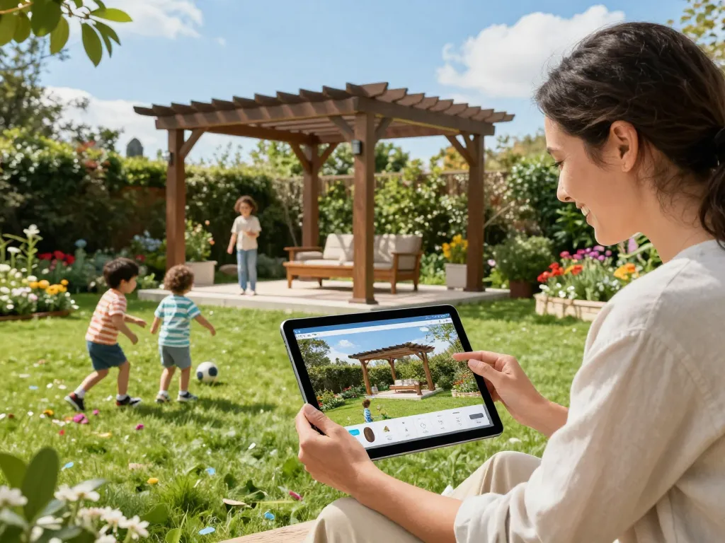 Pergola 3D-Konfigurator im Einsatz von einer Familie in ihrem Garten, zeigt Pergoladesigns mit lebendiger Begrünung.