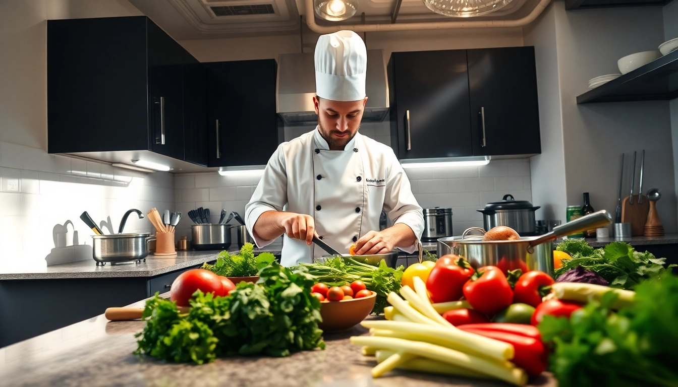 Erleben Sie Gastronomie mit einem professionellen Koch, der frische Zutaten in einer modernen Küche zubereitet.
