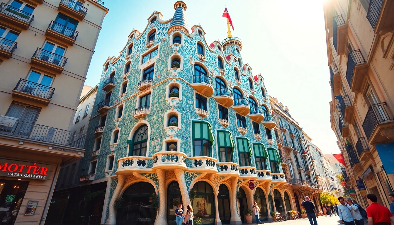 Besucher bestaunen die Casa Batlló Barcelona mit ihrer farbenfrohen Mosaikfassade und den skelettartigen Balkonen.