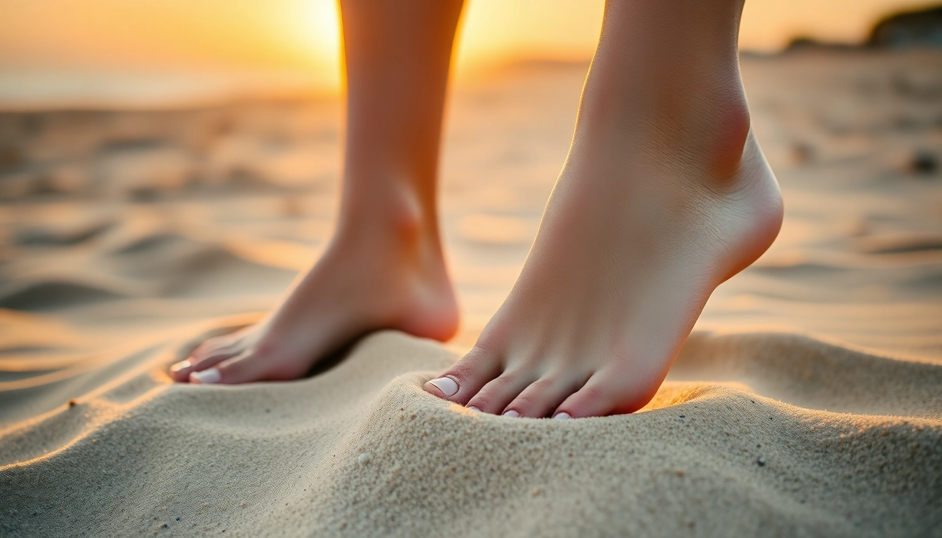 Fußbilder verkaufen: Elegante Fußpräsentation auf einem sonnigen Strand mit perfektem Pediküre.