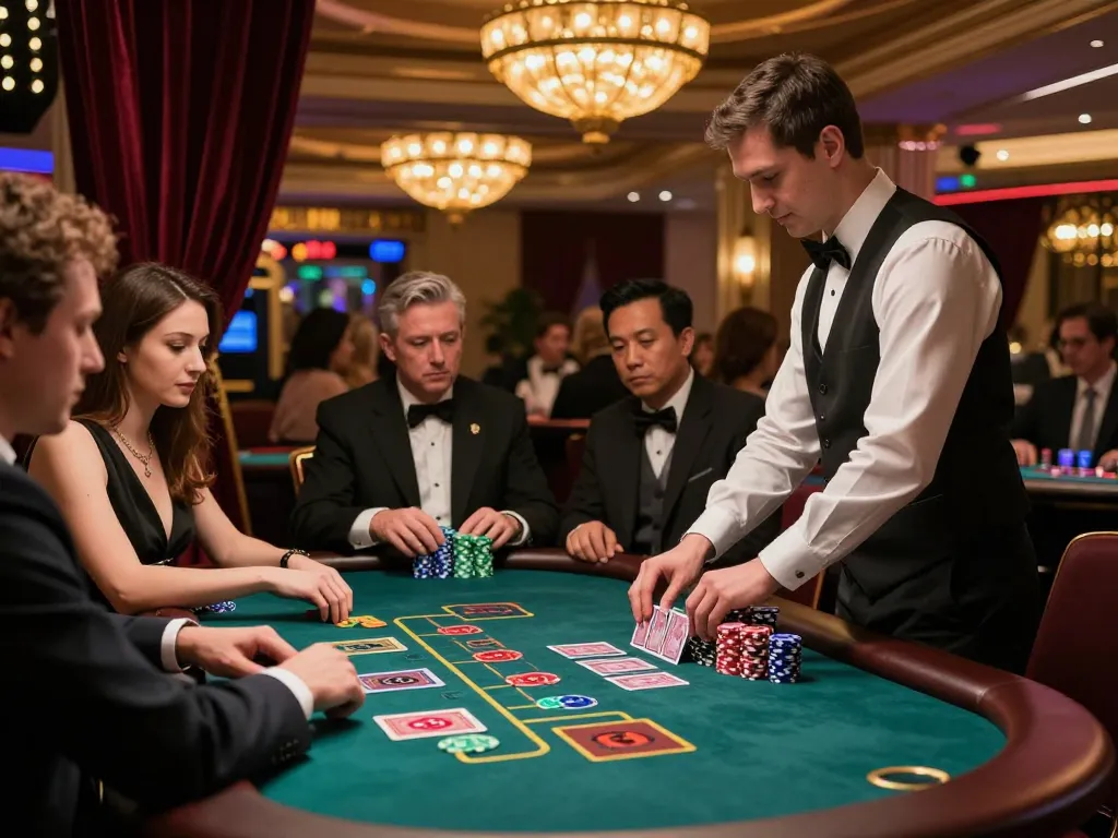 fun79 players placing strategic bets at a blackjack table in a luxurious casino