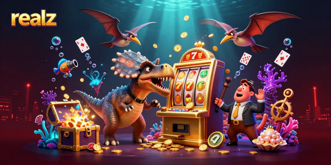 Experience realz at the casino with a cartoon dinosaur hitting a jackpot slot machine.