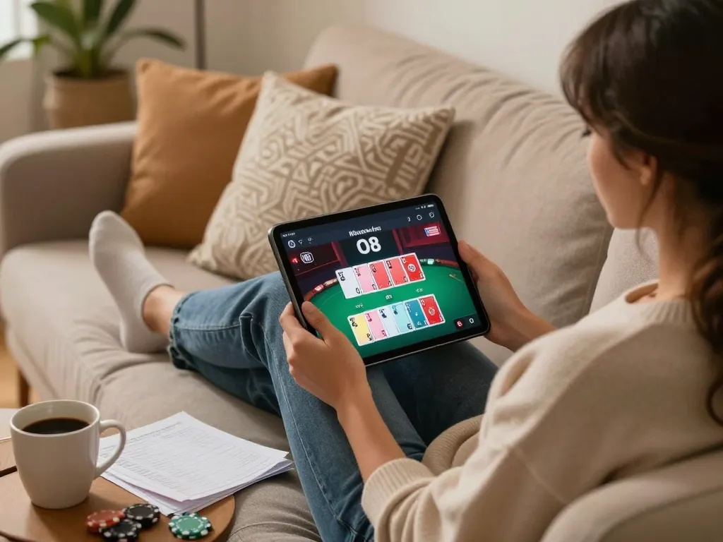 Mobile gaming with O8 app on tablet showcasing poker strategy in a cozy home.