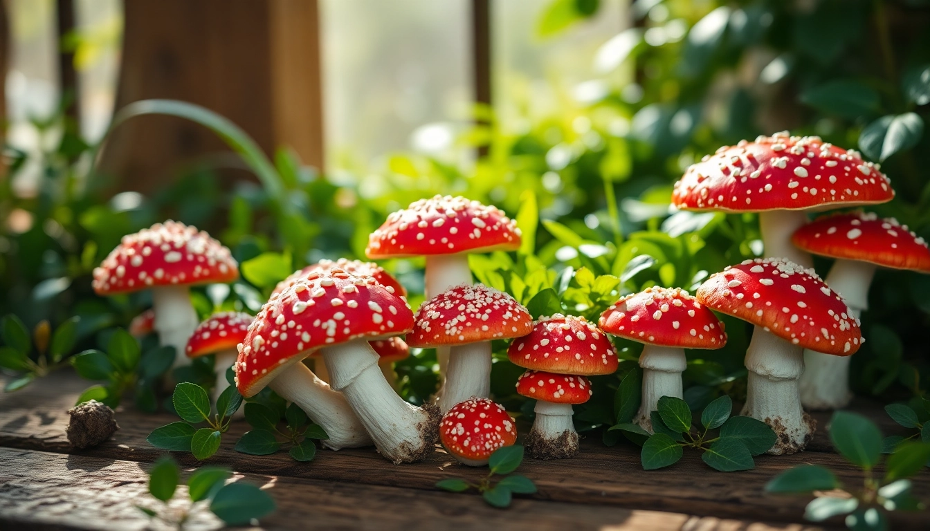 Fliegenpilz kaufen leuchtende rote Kappen und weiße Punkte auf einem Holztisch.