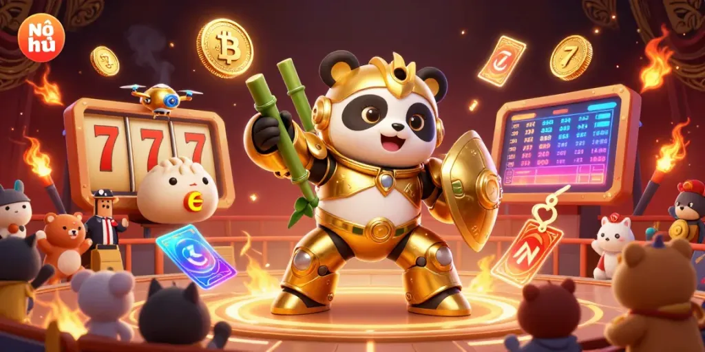 Engage with Nổ hũ excitement in an exhilarating 3D arena featuring a golden panda in mech-suit.