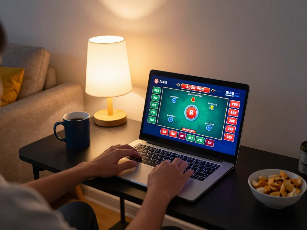 Engaged player enjoying ALO8 PRO online gaming on a laptop in a cozy home setting.