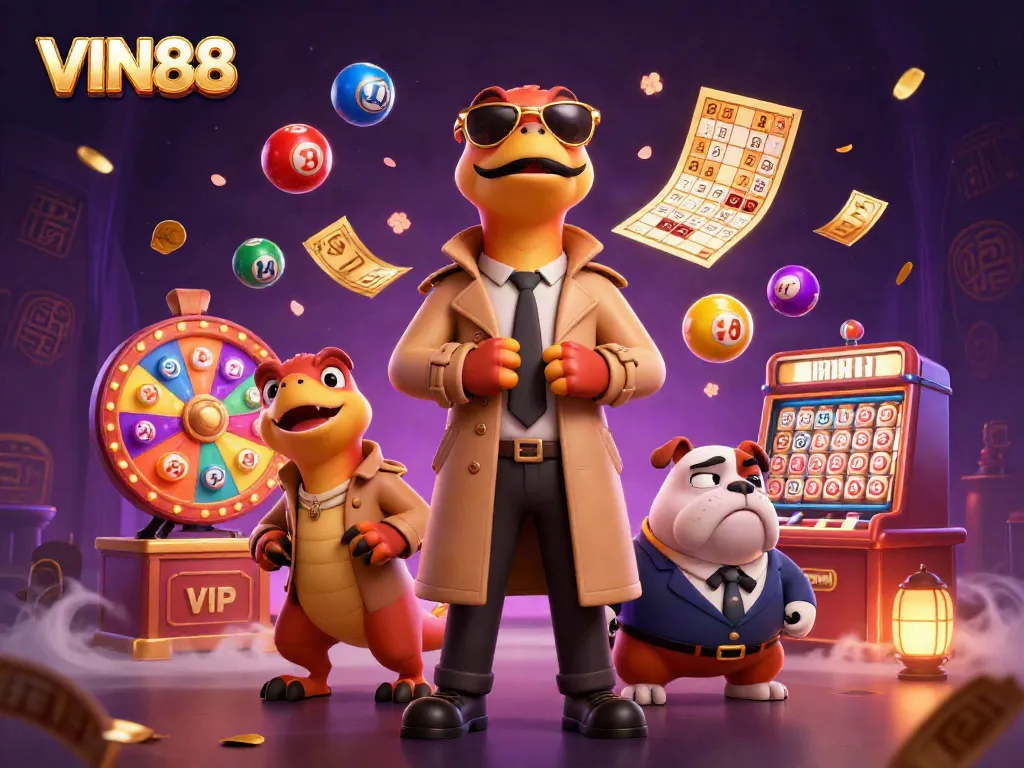 Experience the excitement of VIN88 with vibrant casino elements and cartoon raptors entering a VIP lounge.