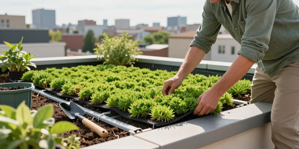 dachbegrünung gewicht erklärt durch eine Dachgarteninstallation, die leichte Sedummatten und Gartenwerkzeuge in einem städtischen Umfeld zeigt.