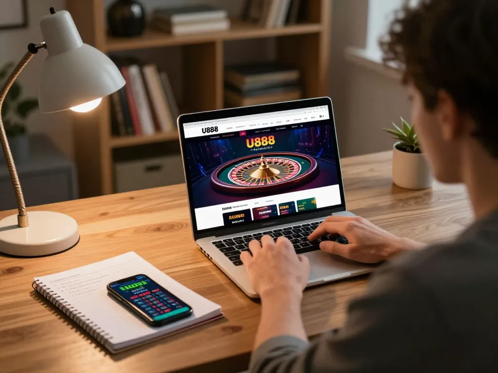 Player enjoying online roulette on U888 while studying strategy notes in a cozy home office.
