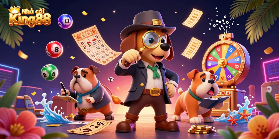 Engaging scene of Nhà cái King88 featuring a detective dog examining poker chips, surrounded by colorful lottery elements.