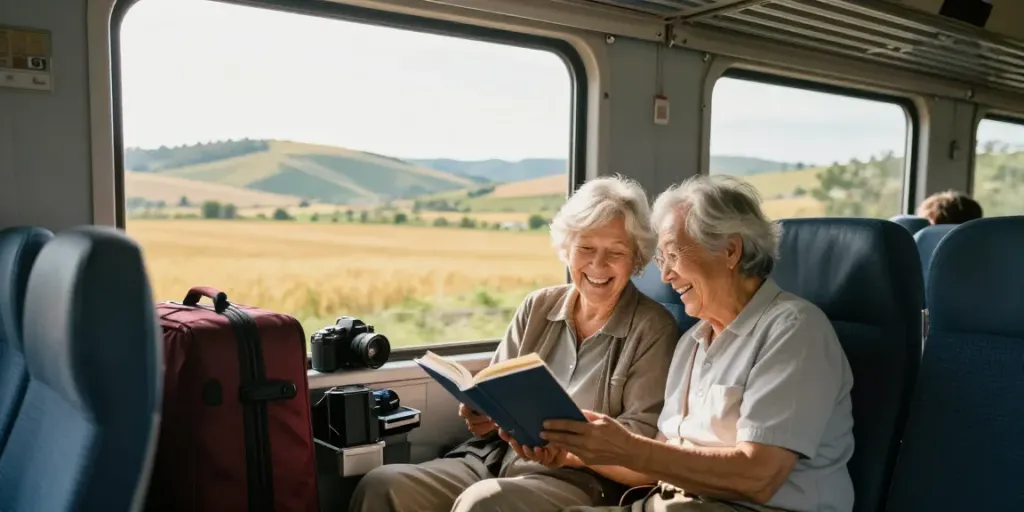Zugtickets für Senioren: Glückliche Senioren reisen entspannt im Zug durch die idyllische Landschaft.