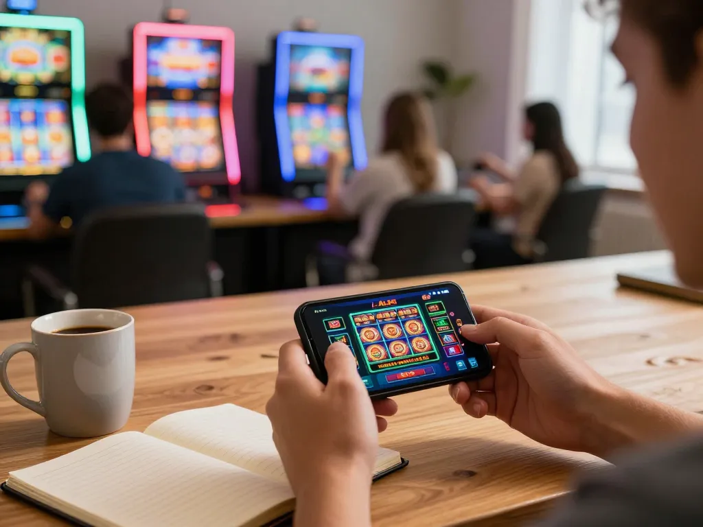 Player engaging with ALO8 casino app on smartphone, showcasing exciting gaming atmosphere