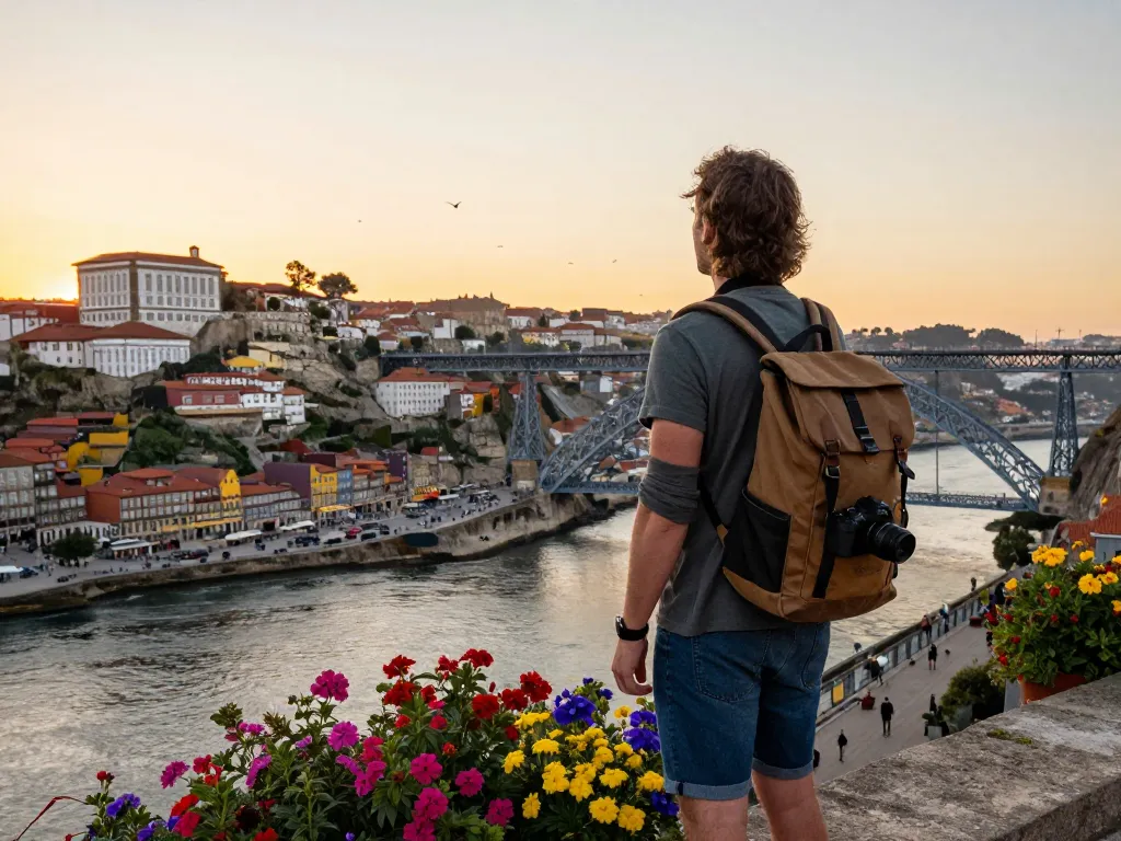 Reisetipps Porto: Ein Reisender bewundert die atemberaubende Skyline von Porto bei Sonnenuntergang mit der ikonischen Dom Luís I Brücke im Blick.