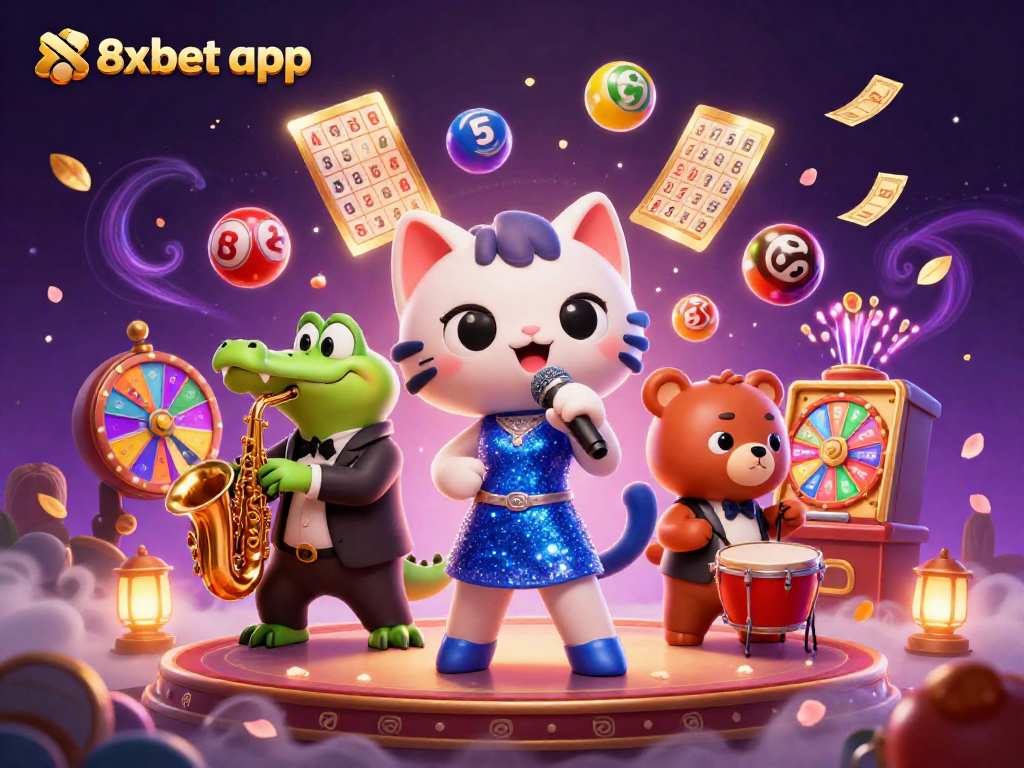 Engage with the exciting 8xbet app in this vibrant casino scene featuring animated characters and dynamic game elements.