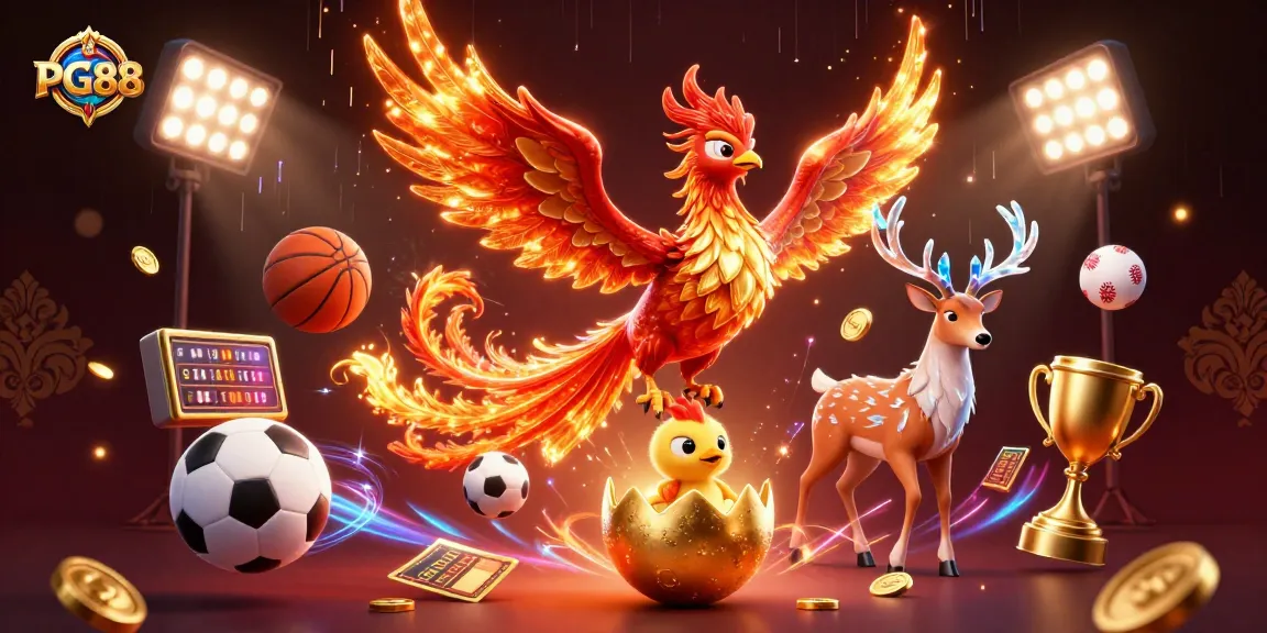 PG88 reveals exciting casino action with a fire phoenix, betting slips, and vibrant sports elements.