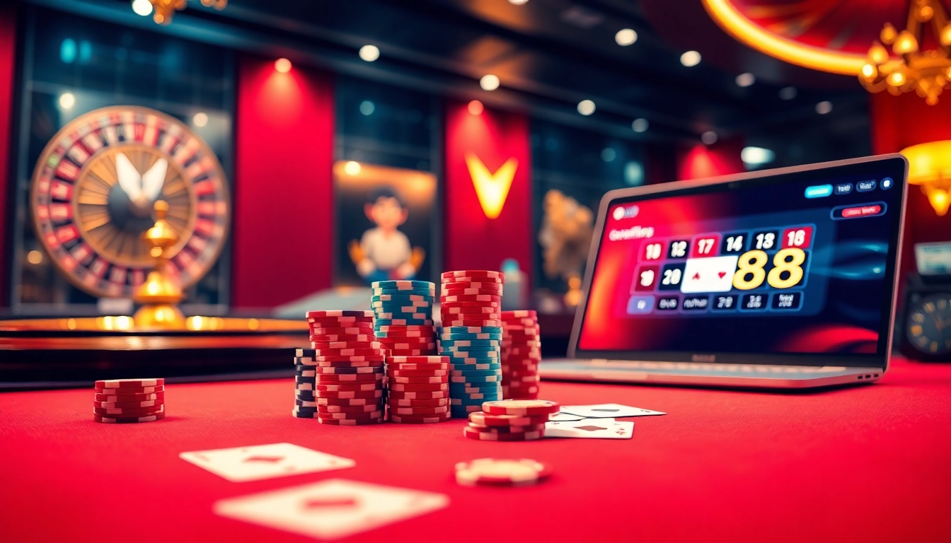 Engaging gamblers at https://dola88vn.com/ with vibrant casino scenes featuring poker chips and roulette wheels.
